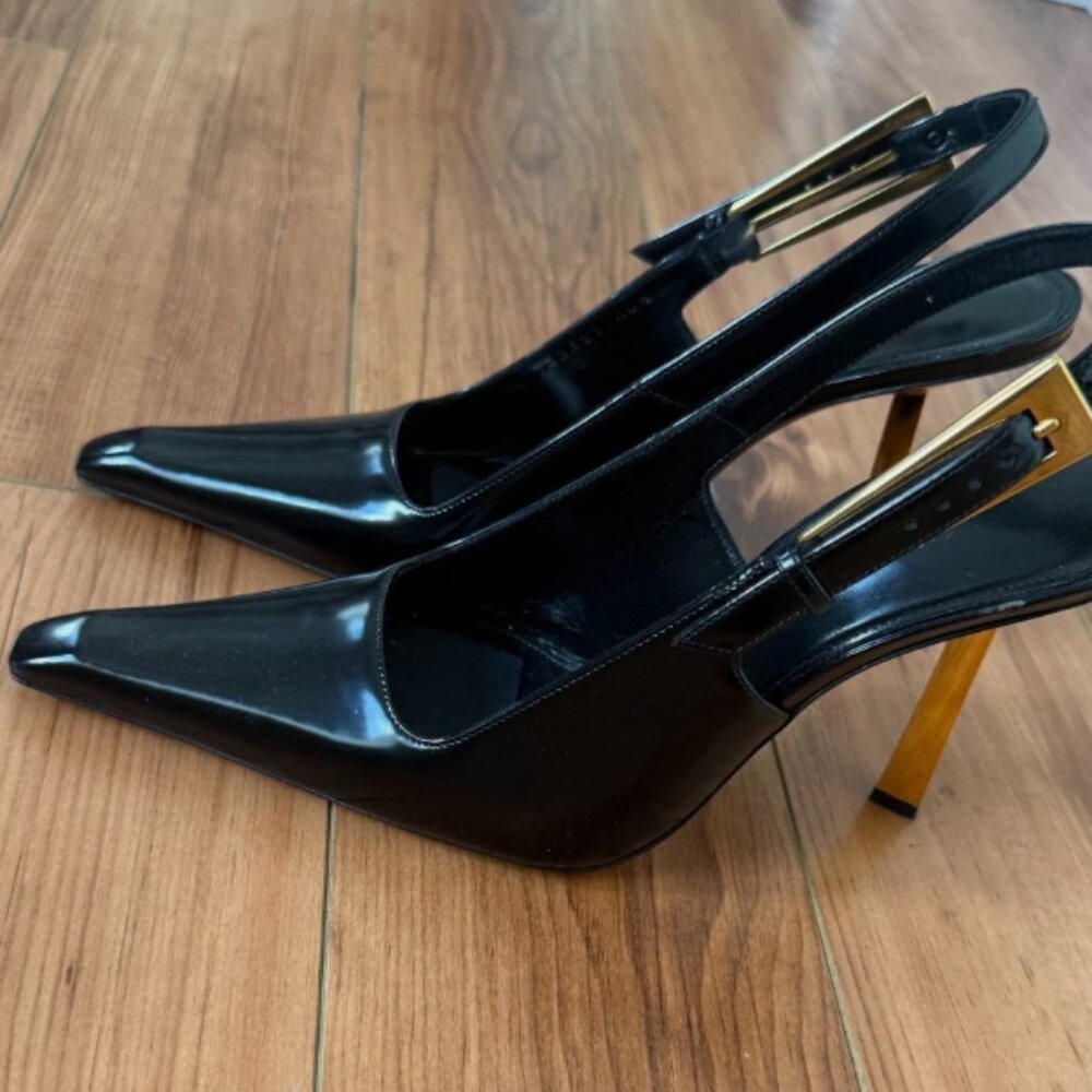 Saint Laurent Lee Slingback Pumps 9.5 In Glazed Leather Size 40.5 Black